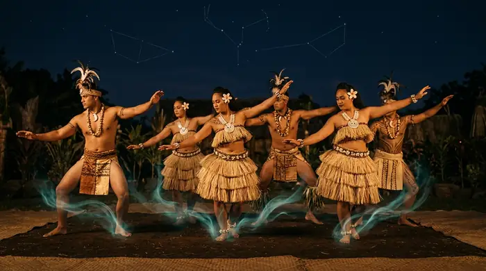 A traditional Pacific dance group performing at night under a starlit sky