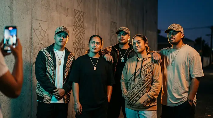 A group of young Pacific Islander friends posing together at night, one filming on a phone