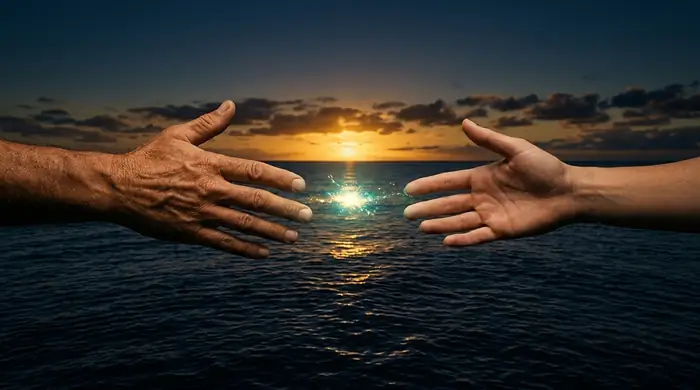 Two hands reaching toward each other across an ocean sunset, a spark of light passing between them