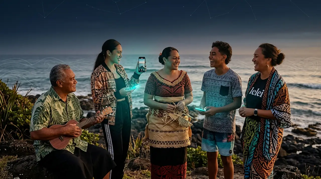 A joyful multi-generational family gathering by the ocean at sunset, one member recording on a phone