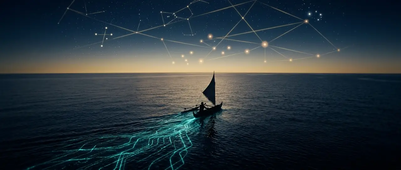 A traditional Pacific wayfinding canoe sailing at dusk, its wake glowing like a digital connection across the ocean