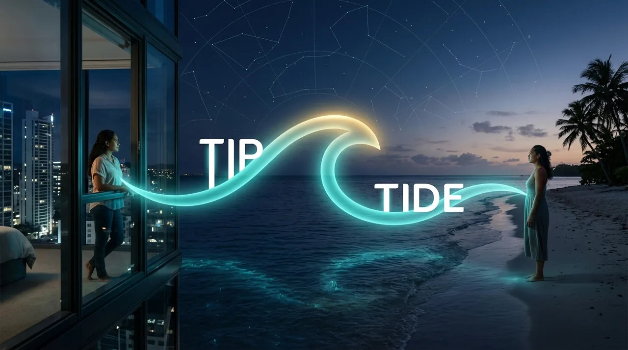 A woman at a city apartment window and a woman on a Pacific island beach at dusk, connected by a glowing teal-and-gold wave with 'TIP' and 'TIDE' built into its curve