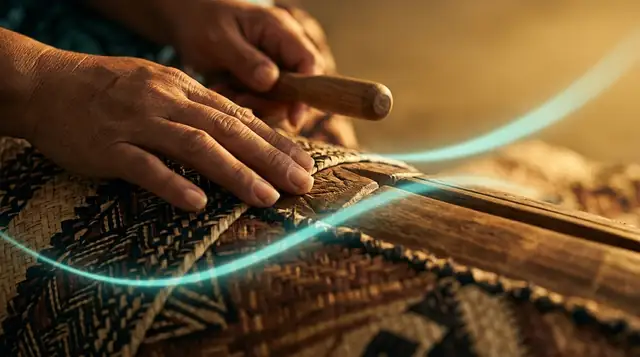 Close-up of hands weaving tapa cloth, a thread of light passing between them