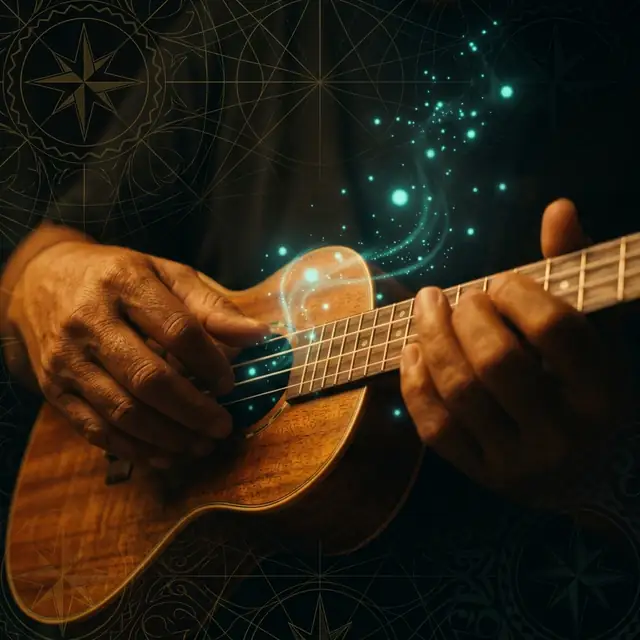 Close-up of hands playing a ukulele, surrounded by drifting light